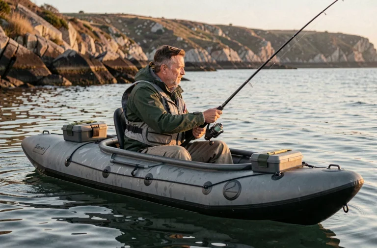 Pêcheur en kayak de mer gonflable dans une crique rocheuse avec matériel de pêche arrimé à la proue