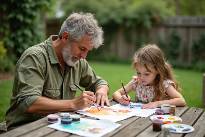 Père et fille peignant à l'aquarelle dans le jardin, activité créative favorisant l'épanouissement et la confiance en soi de l'enfant