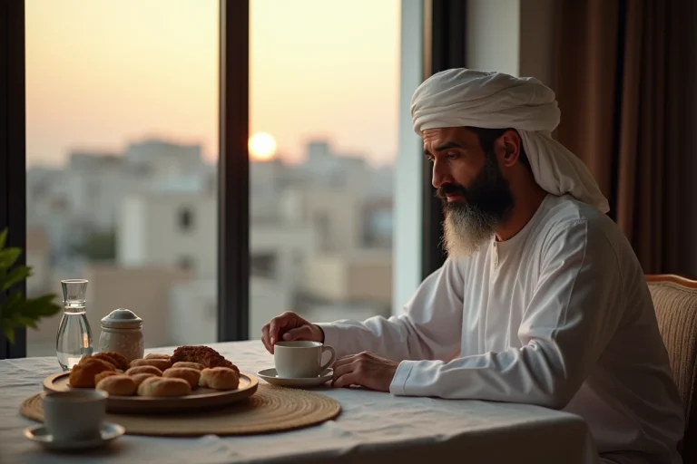 Musulman en thobe blanc avant l'aube au petit déjeuner