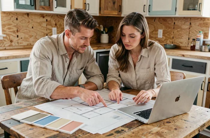 Couple étudiant des plans de rénovation avec des échantillons de peinture dans une cuisine en travaux