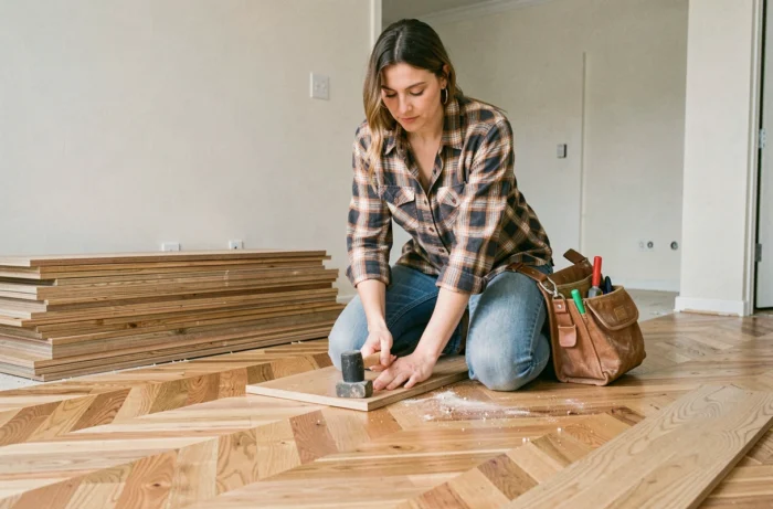 Femme posant un parquet en chêne lors de travaux de rénovation du sol d'un salon