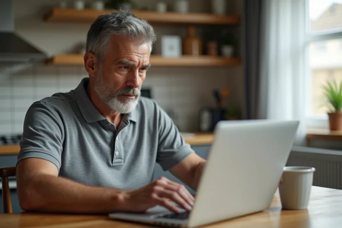Homme préparant sa transition professionnelle après la fin d'un contrat d'insertion en lisant des documents administratifs chez lui