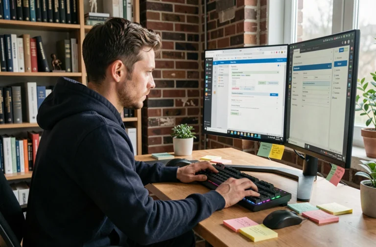 Professionnel en cybersécurité analysant des outils de test de sécurité web sur un écran d'ordinateur dans un bureau moderne