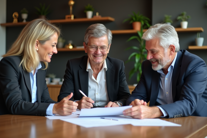Groupe de professionnels souriants autour d'une table de réunion