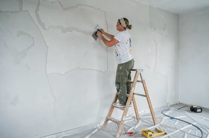 Femme sur un escabeau appliquant du plâtre sur un mur intérieur lors de travaux de rénovation