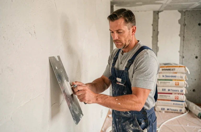 Homme en train de plâtrer un mur intérieur lors de travaux de rénovation maison