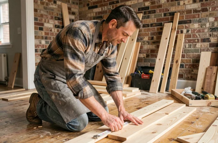 Homme en tablier de travail mesurant des planches en bois dans un salon en cours de rénovation