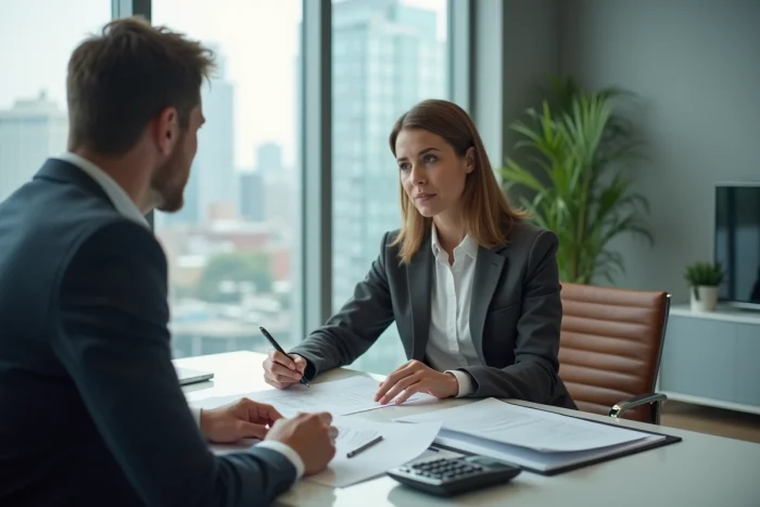 Femme investisseuse discutant du taux d'imposition de ses revenus fonciers avec un conseiller fiscal en bureau