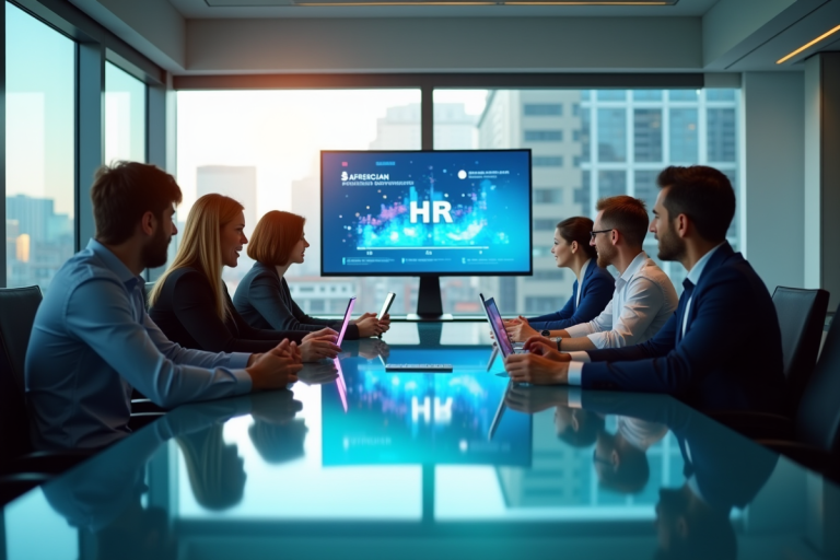 Groupe de professionnels autour d'une table avec logiciel HR numérique