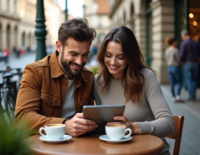 Deux personnes révisant ensemble le code de la route moto sur une tablette en terrasse de café en ville
