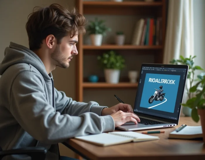 Jeune homme révisant le code de la route moto sur un ordinateur portable à son bureau avec un cahier de notes