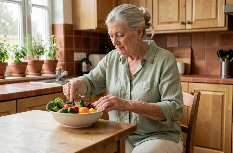 Senior femme en bonne santé préparant un repas équilibré dans sa cuisine, alimentation saine pour les personnes âgées