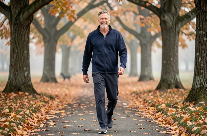 Senior homme marchant activement dans un parc en automne, exercice physique quotidien pour la santé des personnes âgées