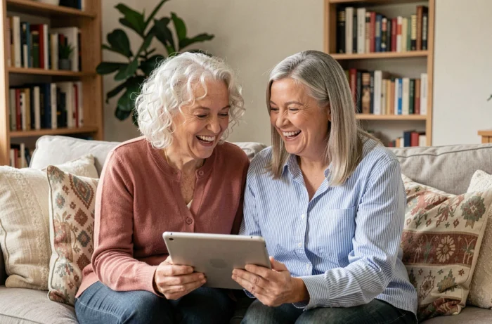 Deux femmes seniors partageant un moment de convivialité et de connexion sociale à domicile, bien-être émotionnel des personnes âgées