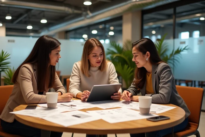 Équipe de jeunes professionnels collaborant autour de maquettes web et d'une tablette dans un espace de co-working moderne