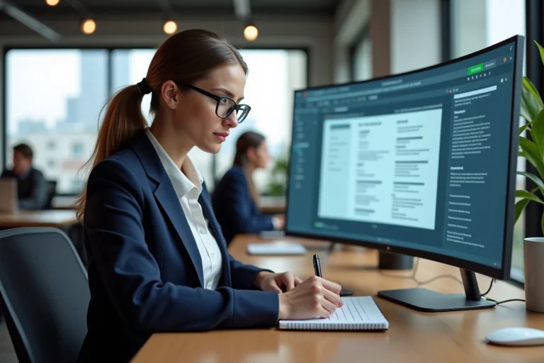 Professionnelle en blazer marine analysant les tendances web sur un grand écran dans un bureau moderne