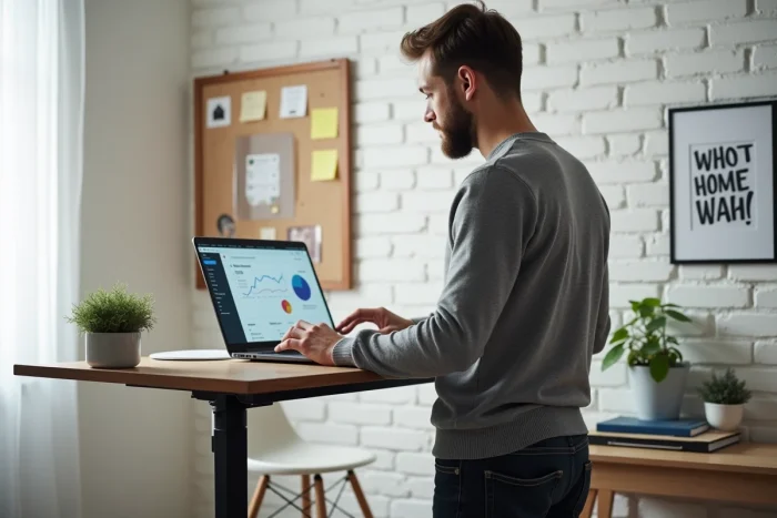 Homme debout dans un bureau minimaliste à domicile consultant un tableau de bord d'analytique web sur ordinateur portable