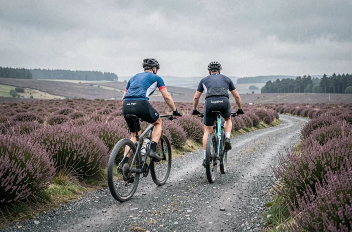Couple en VTT sur un sentier de gravier à travers les landes des Hautes Fagnes en Belgique